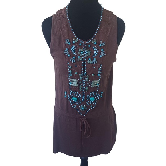 Dolce Cabo Womens M Dark Brown Turquoise Beaded Embellished Sleeveless Top 5708 - Picture 8 of 8
